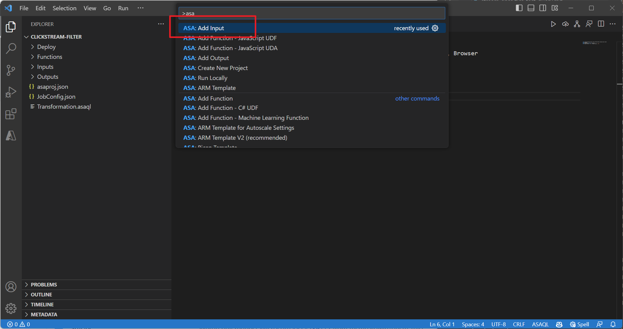 Screenshot dell'estensione VS Code che aggiunge input tramite il riquadro comandi.