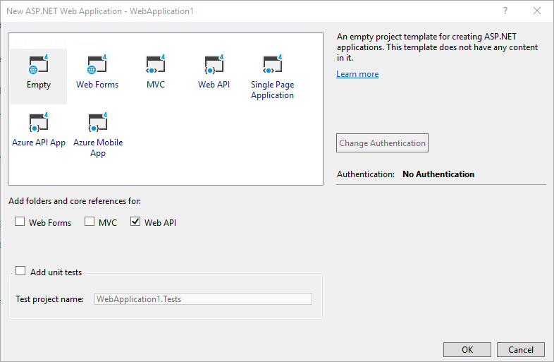 Screenshot della finestra di dialogo Nuovo progetto ASP.NET con la casella di controllo Web API selezionata per impostare automaticamente il codice di configurazione del progetto.