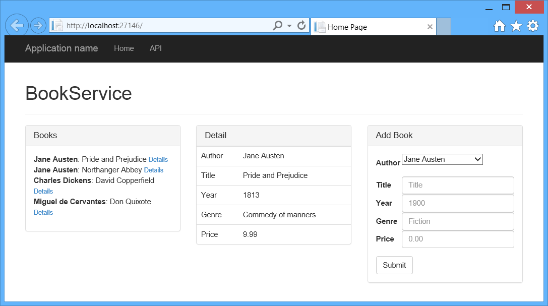 Screenshot della finestra dell'applicazione creata, Servizio Libro, che mostra i riquadri Libri, Dettagli e Aggiungi libro.