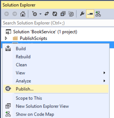 Screenshot della finestra Esplora soluzioni con il progetto selezionato con il tasto destro del mouse e l'elemento Pubblica nella lista evidenziato in giallo.
