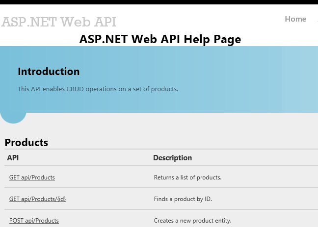 Screenshot della pagina della Guida di A S P dot NET A P I, che mostra i prodotti A P I disponibili da selezionare e le relative descrizioni.
