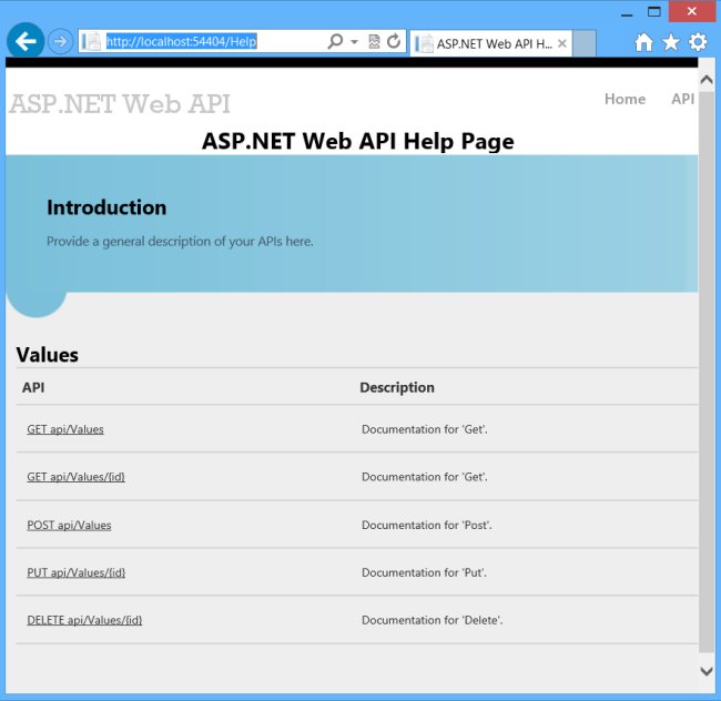 screenshot della pagina di riepilogo API, che mostra i diversi valori API e la relativa descrizione.