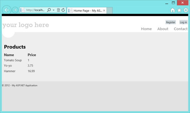 Screenshot del Web browser che mostra l'etichetta, i nomi e i prezzi dei prodotti, come esempio per rappresentare l'aspetto desiderato.
