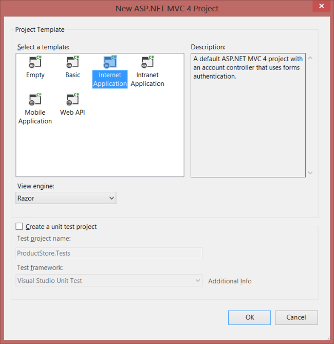 Screenshot della schermata del nuovo progetto ASP.NET MVC 4 di Visual Studio. Il modello Internet Application è evidenziato.