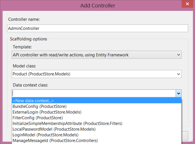 Screenshot della finestra di dialogo Aggiungi controller. Il menu classe contesto dati è aperto e un contesto dati esistente è evidenziato.