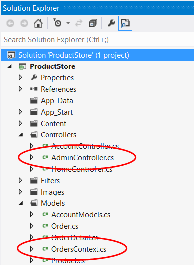 Screenshot della visualizzazione del progetto Esplora soluzioni. AdminController dot c e OrdersContext dot c s sono evidenziati.