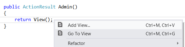 Screenshot del menu dell'amministratore. Aggiungi visualizzazione e i relativi tasti di scelta rapida Ctrl + M Ctrl + V sono evidenziati.