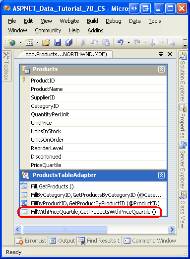 Verificare che un nuovo metodo sia stato aggiunto a TableAdapter