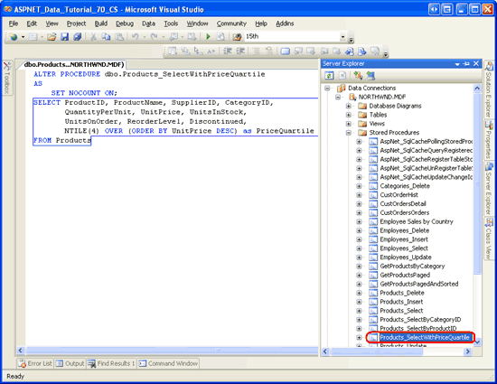Verificare che il database contenga la stored procedure Products_SelectWithPriceQuartile
