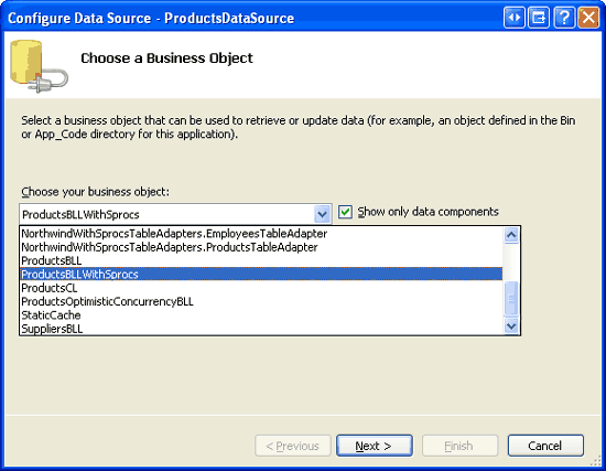 Configurare ObjectDataSource per l'utilizzo della classe ProductsBLLWithSprocs