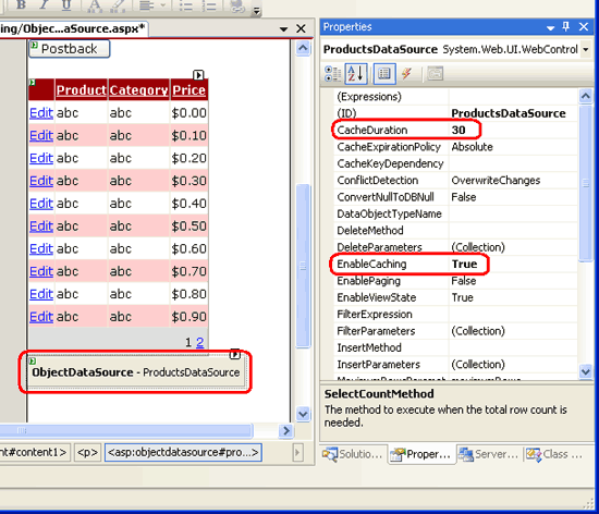 Configurare ObjectDataSource per memorizzare i dati nella cache per 30 secondi