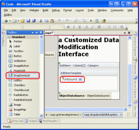 Rimuovere il TextBox e aggiungere l'elenco a discesa all'EditItemTemplate