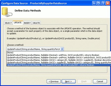 Configurare l'ObjectDataSource per utilizzare l'overload UpdateProduct appena creato