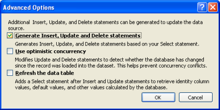 Selezionare solo l'opzione per generare le istruzioni di Insert, Update e Delete