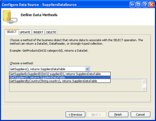 Configurare ObjectDataSource per l'utilizzo del metodo GetSuppliers della classe SuppliersBLL