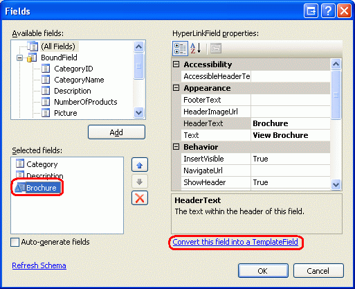 Convertire HyperLinkField in TemplateField