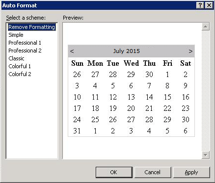 Finestra di dialogo Formattazione automatica (controllo Calendario)