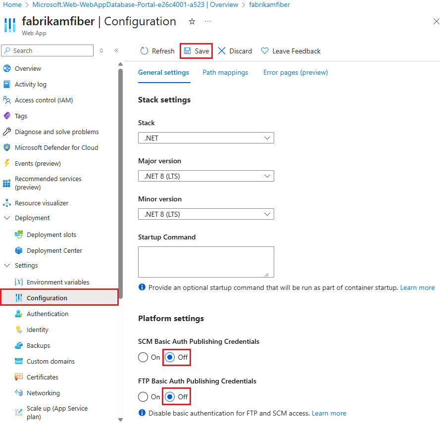 Screenshot che mostra come disabilitare l'autenticazione di base per il servizio app di Azure nel portale di Azure.