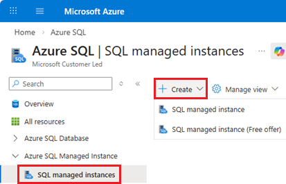 Screenshot della pagina delle istanze gestite di SQL dalla pagina dell'hub Azure SQL nel portale di Azure, che mostra il pulsante +Crea.