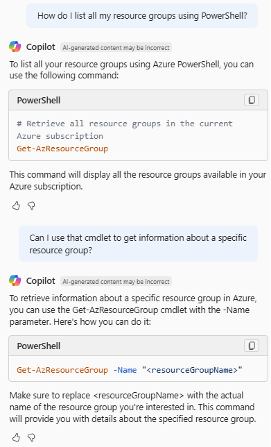 Screenshot di Azure Copilot che fornisce il cmdlet di PowerShell per elencare i gruppi di risorse.