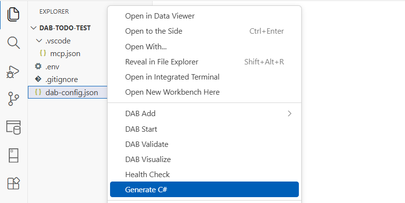 Screenshot degli artefatti del progetto C# generati da DAB Code Gen nello strumento di esplorazione di Visual Studio Code.