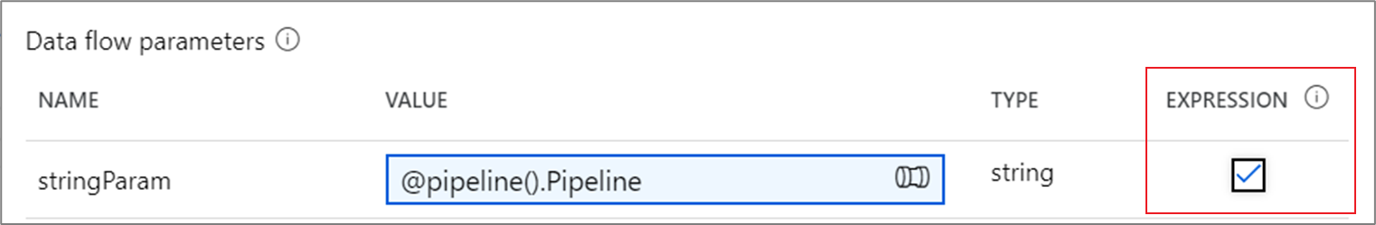 Screenshot che mostra il riquadro dei parametri del flusso di dati con l'espressione selezionata per un parametro.