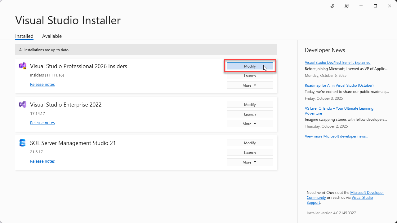Screenshot che mostra il programma di installazione di Visual Studio con il pulsante Modifica evidenziato.