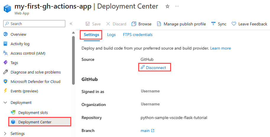 Screenshot che mostra come disconnettere GitHub Actions da un'istanza del servizio app nel portale di Azure.
