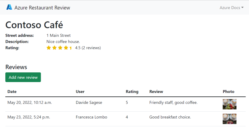 Screenshot dell'app di esempio che mostra la funzionalità di recensione del ristorante con il Servizio App di Azure, il database PostgreSQL di Azure e l'archiviazione di Azure.