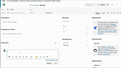 Gif che mostra come usare la menzione ! per fare riferimento a un pull request GitHub da una discussione di un elemento di lavoro.