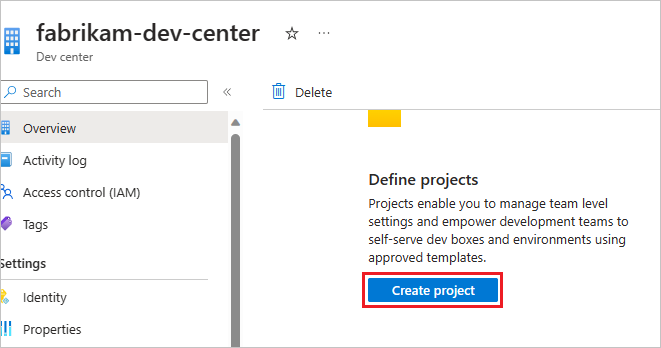 Screenshot del pulsante Crea progetto nel dev center