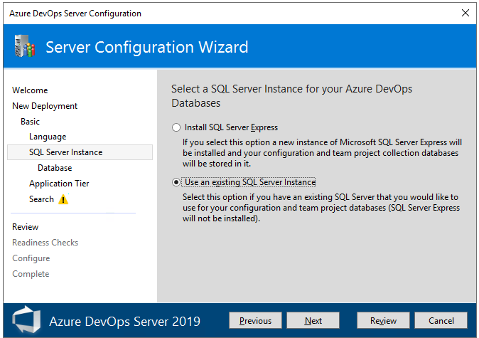Screenshot della pagina dell'istanza di SQL Server. 