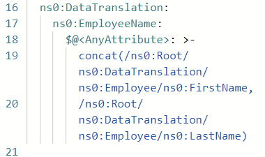 Screenshot che mostra il riquadro Codice con la funzione Concat, con più input e un singolo output.