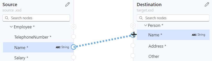 Screenshot che mostra l'area del mapper e il disegno di un mapping tra gli elementi Nome nelle matrici Dipendente di origine e Persona di destinazione.