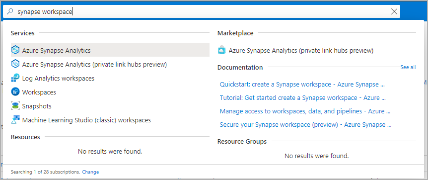 Screenshot della barra di ricerca del portale di Azure con le aree di lavoro di Synapse digitate.