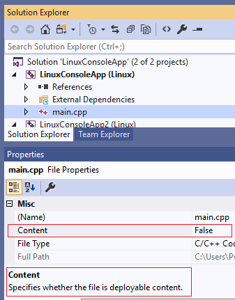 Screenshot che mostra le proprietà del file main.cpp con la proprietà content = False evidenziata.