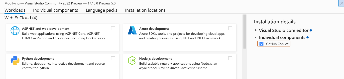 Screenshot dell'opzione di installazione di GitHub Copilot nel Programma di installazione di Visual Studio.