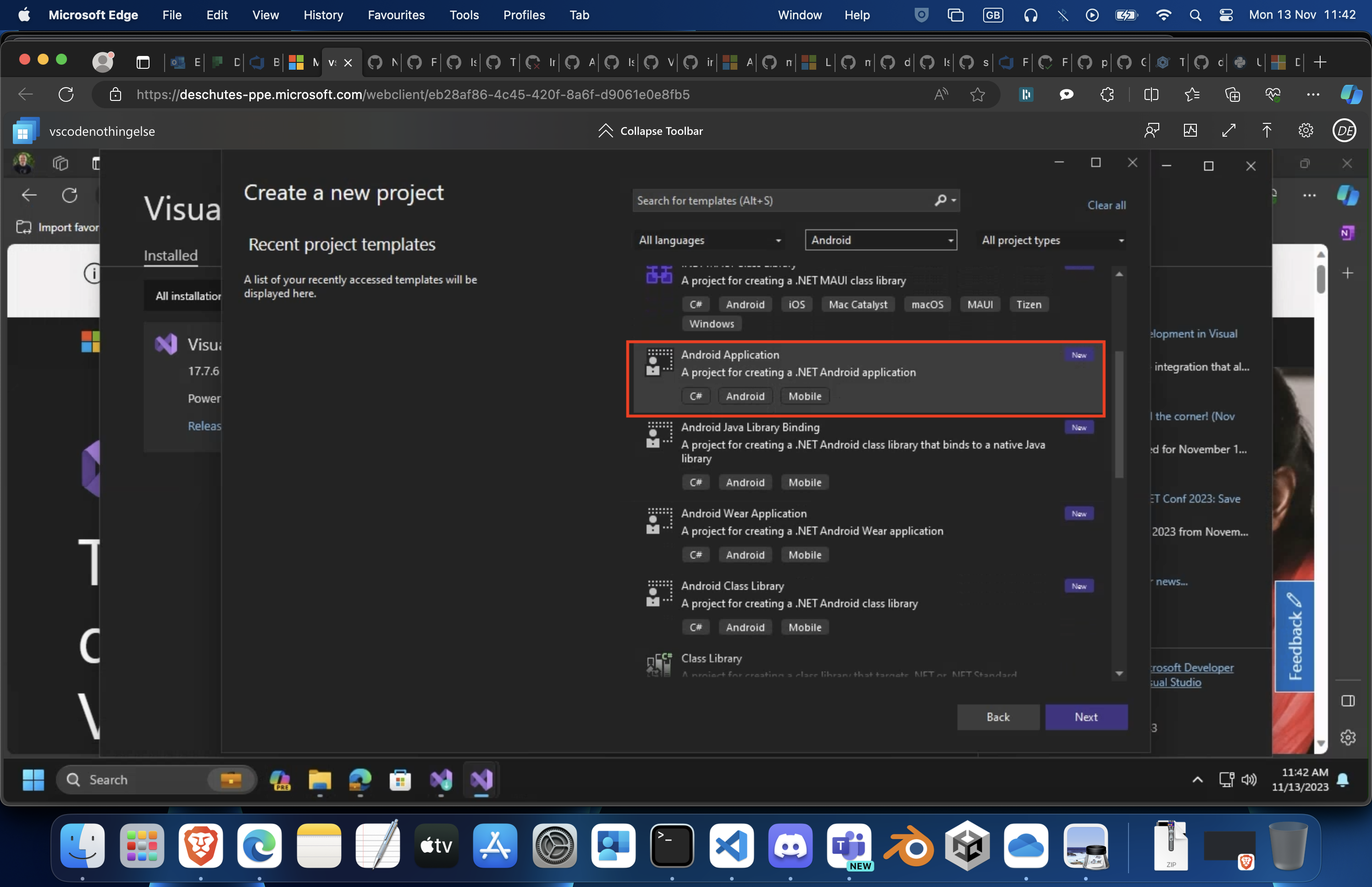 Selezionare il modello di applicazione Android