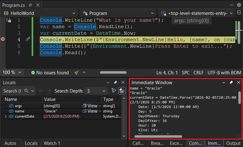 Variabili locali e la Finestra immediata in Visual Studio