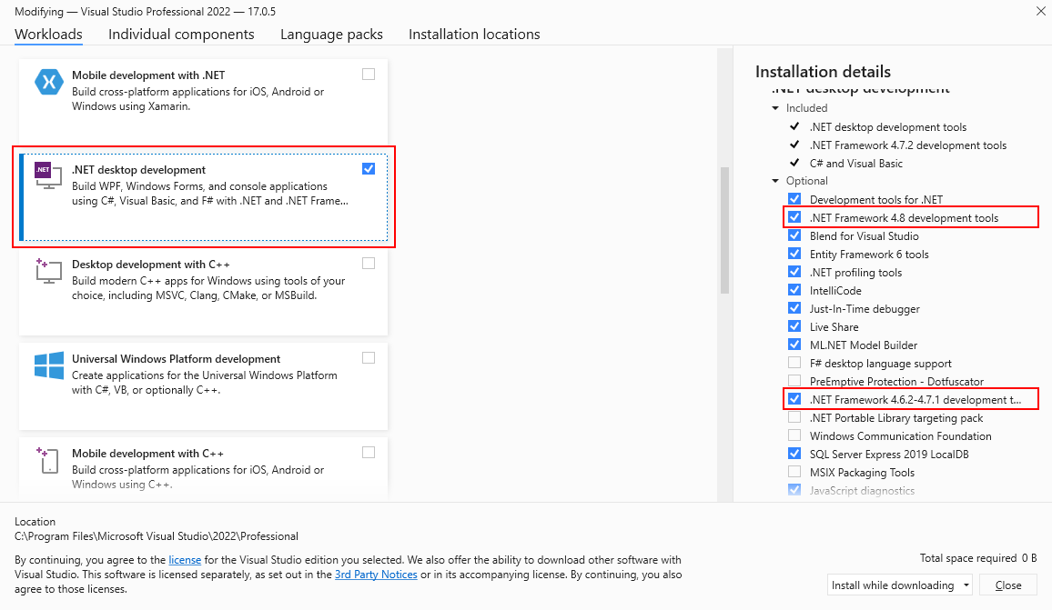Programma di installazione di Visual Studio con opzioni di .NET Framework selezionate.