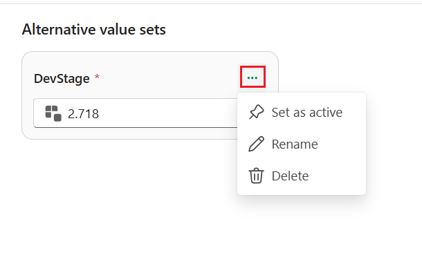 Screenshot delle opzioni per la modifica di un set di valori: impostato come attivo, rinominato ed eliminato.