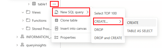 Screenshot del portale di Fabric che mostra come creare script per T-SQL di un oggetto di database.