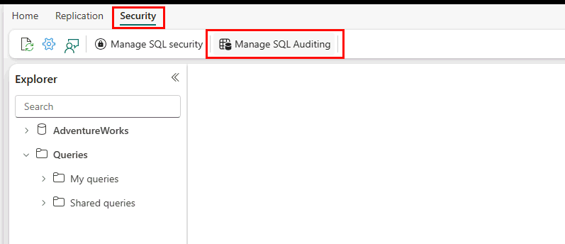 Screenshot del portale Fabric, che mostra la scheda Sicurezza e il pulsante Gestisci verifica SQL.