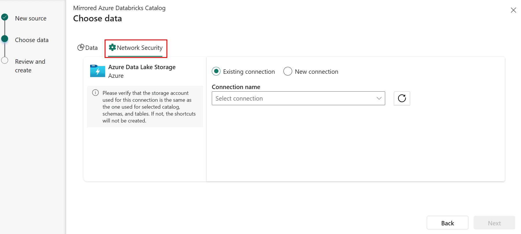 Screenshot della scheda Sicurezza di rete in Databricks.