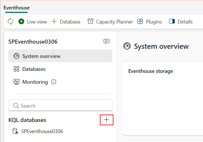Screenshot che mostra la sezione Database KQL di Eventhouse.