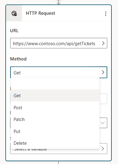 Screenshot dell'URL dell'API completa e del menu a tendina del metodo