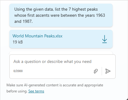 Fai uno screenshot di un pannello di test che mostra il prompt che richiede la generazione ed esecuzione del codice per essere completato e l'allegato di un file di dati strutturati.
