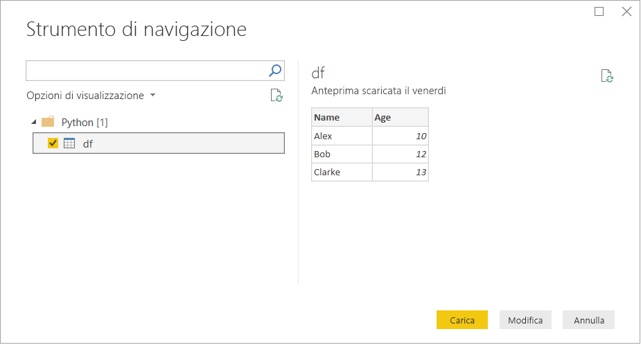 Screenshot della finestra Strumento di navigazione che mostra i dati da caricare e usare.