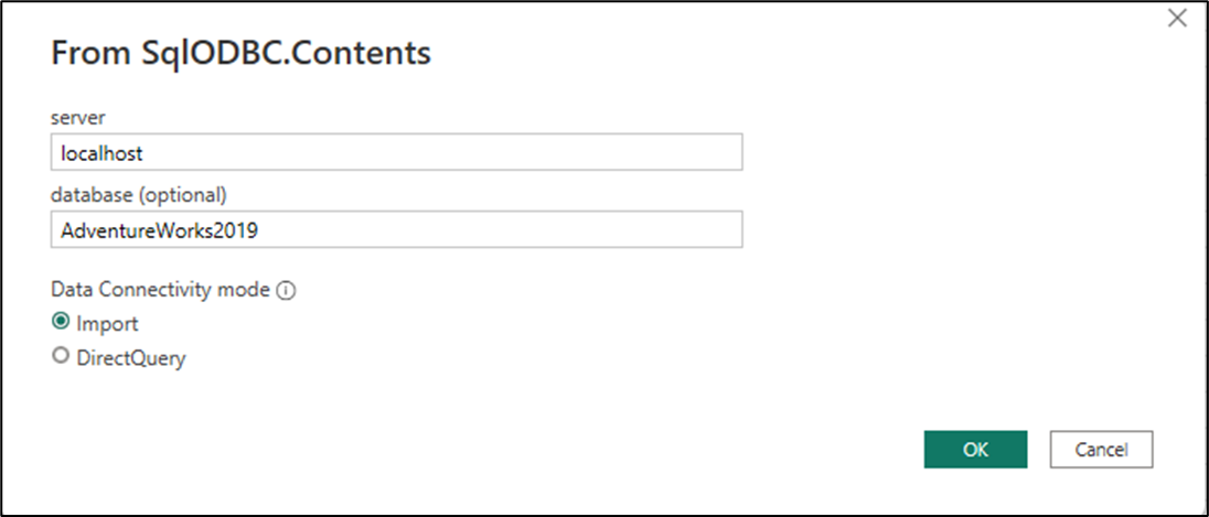Screenshot della finestra di dialogo del connettore con server e database come parametri.