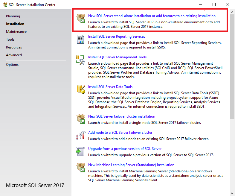 Screenshot che mostra l'opzione per la creazione di un'installazione autonoma SQL Server o l'aggiunta di funzionalità a un'installazione esistente.